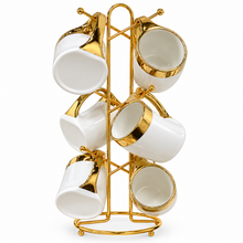 Luxury 6-Mug White Ceramic Coffee Set with Gold-Tone Rims & Handles and Hanging Display Stand