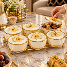 6-Piece Ivory Cream & Gold Covered Serving Bowl Set with Crystal-Style Knobs and Metal Display Stand
