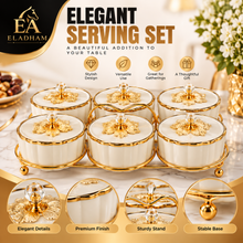 6-Piece Ivory Cream & Gold Covered Serving Bowl Set with Crystal-Style Knobs and Metal Display Stand