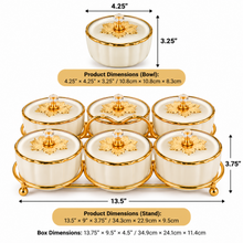 6-Piece Ivory Cream & Gold Covered Serving Bowl Set with Crystal-Style Knobs and Metal Display Stand