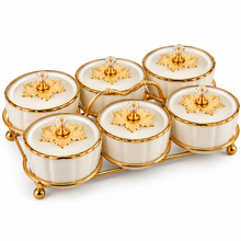 6-Piece Ivory Cream & Gold Covered Serving Bowl Set with Crystal-Style Knobs and Metal Display Stand