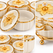 6-Piece Ivory Cream & Gold Covered Serving Bowl Set with Crystal-Style Knobs and Metal Display Stand