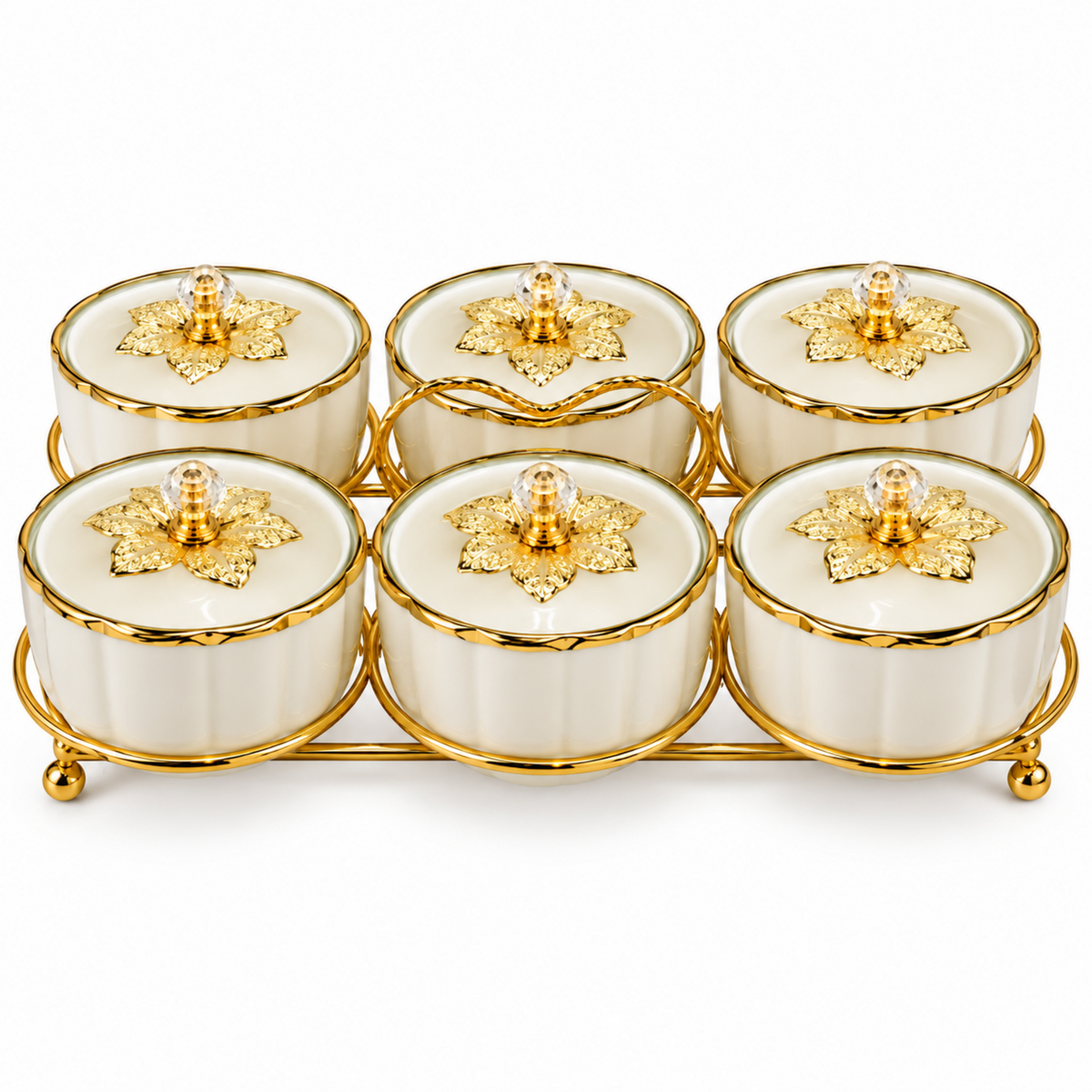 6-Piece Ivory Cream & Gold Covered Serving Bowl Set with Crystal-Style Knobs and Metal Display Stand