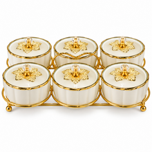 6-Piece Ivory Cream & Gold Covered Serving Bowl Set with Crystal-Style Knobs and Metal Display Stand