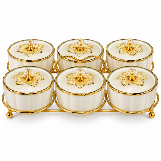 6-Piece Ivory Cream & Gold Covered Serving Bowl Set with Crystal-Style Knobs and Metal Display Stand