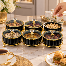 6-Piece Black & Gold Covered Serving Bowl Set with Crystal-Style Knobs and Metal Display Stand