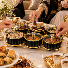 6-Piece Black & Gold Covered Serving Bowl Set with Crystal-Style Knobs and Metal Display Stand