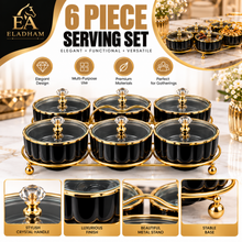 6-Piece Black & Gold Covered Serving Bowl Set with Crystal-Style Knobs and Metal Display Stand