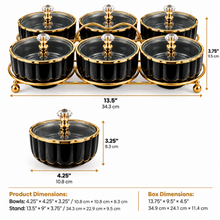 6-Piece Black & Gold Covered Serving Bowl Set with Crystal-Style Knobs and Metal Display Stand