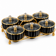 6-Piece Black & Gold Covered Serving Bowl Set with Crystal-Style Knobs and Metal Display Stand