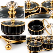 6-Piece Black & Gold Covered Serving Bowl Set with Crystal-Style Knobs and Metal Display Stand