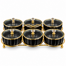 6-Piece Black & Gold Covered Serving Bowl Set with Crystal-Style Knobs and Metal Display Stand