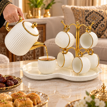 7-Piece White & Gold Ribbed Tea Set with Teapot, 6 Hanging Cups, Cup Stand & Serving Tray