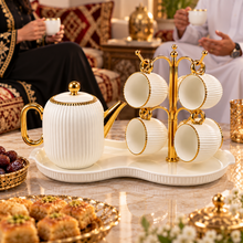 7-Piece White & Gold Ribbed Tea Set with Teapot, 6 Hanging Cups, Cup Stand & Serving Tray