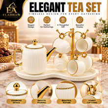 7-Piece White & Gold Ribbed Tea Set with Teapot, 6 Hanging Cups, Cup Stand & Serving Tray