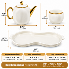 7-Piece White & Gold Ribbed Tea Set with Teapot, 6 Hanging Cups, Cup Stand & Serving Tray