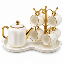 7-Piece White & Gold Ribbed Tea Set with Teapot, 6 Hanging Cups, Cup Stand & Serving Tray