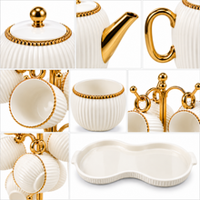 7-Piece White & Gold Ribbed Tea Set with Teapot, 6 Hanging Cups, Cup Stand & Serving Tray