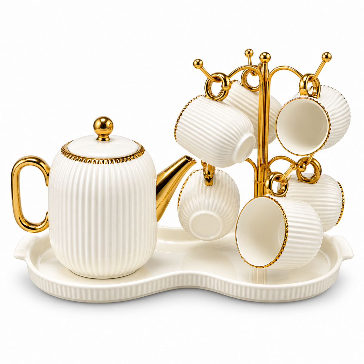 7-Piece White & Gold Ribbed Tea Set with Teapot, 6 Hanging Cups, Cup Stand & Serving Tray
