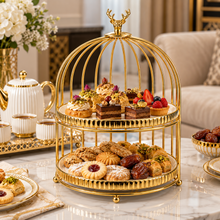 Luxury Gold 2-Tier Serving Stand with Decorative Birdcage Frame – Round Dessert & Display Stand, 10.25" x 15.5"