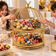 Luxury Gold 2-Tier Serving Stand with Decorative Birdcage Frame – Round Dessert & Display Stand, 10.25" x 15.5"