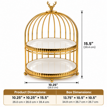 Luxury Gold 2-Tier Serving Stand with Decorative Birdcage Frame – Round Dessert & Display Stand, 10.25" x 15.5"