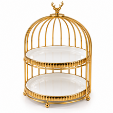 Luxury Gold 2-Tier Serving Stand with Decorative Birdcage Frame – Round Dessert & Display Stand, 10.25" x 15.5"