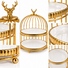 Luxury Gold 2-Tier Serving Stand with Decorative Birdcage Frame – Round Dessert & Display Stand, 10.25" x 15.5"