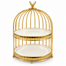 Luxury Gold 2-Tier Serving Stand with Decorative Birdcage Frame – Round Dessert & Display Stand, 10.25" x 15.5"