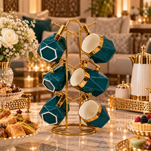 6-Piece Deep Teal & Gold Geometric Coffee Mug Set with Gold Display Rack