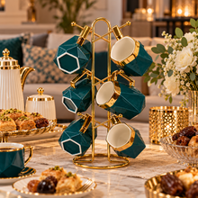6-Piece Deep Teal & Gold Geometric Coffee Mug Set with Gold Display Rack