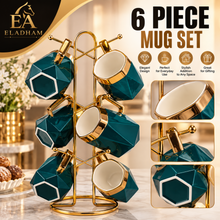 6-Piece Deep Teal & Gold Geometric Coffee Mug Set with Gold Display Rack