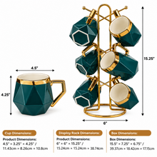 6-Piece Deep Teal & Gold Geometric Coffee Mug Set with Gold Display Rack