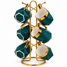 6-Piece Deep Teal & Gold Geometric Coffee Mug Set with Gold Display Rack