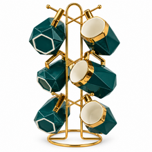 6-Piece Deep Teal & Gold Geometric Coffee Mug Set with Gold Display Rack