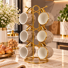6-Piece Textured Coffee Mug Set with Gold Display Rack – Taupe & Gold