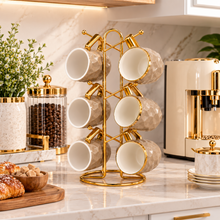 6-Piece Textured Coffee Mug Set with Gold Display Rack – Taupe & Gold