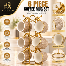 6-Piece Textured Coffee Mug Set with Gold Display Rack – Taupe & Gold