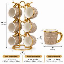 6-Piece Textured Coffee Mug Set with Gold Display Rack – Taupe & Gold