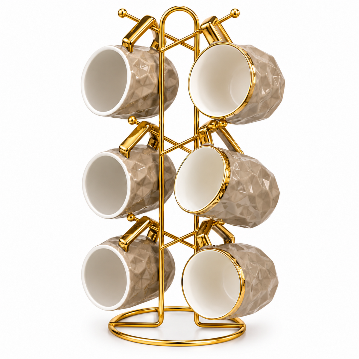 6-Piece Textured Coffee Mug Set with Gold Display Rack – Taupe & Gold