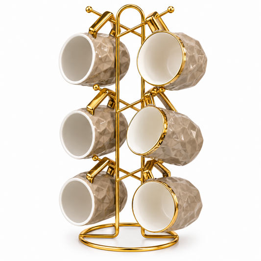 6-Piece Textured Coffee Mug Set with Gold Display Rack – Taupe & Gold