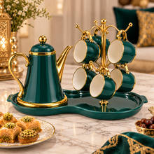 Luxury Deep Teal & Gold 7-Piece Tea Set with Teapot, 6 Hanging Cups, Gold Display Stand & Serving Tray