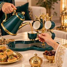 Luxury Deep Teal & Gold 7-Piece Tea Set with Teapot, 6 Hanging Cups, Gold Display Stand & Serving Tray