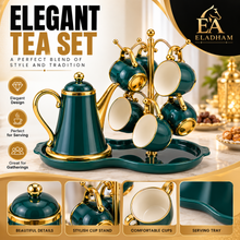 Luxury Deep Teal & Gold 7-Piece Tea Set with Teapot, 6 Hanging Cups, Gold Display Stand & Serving Tray