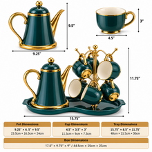 Luxury Deep Teal & Gold 7-Piece Tea Set with Teapot, 6 Hanging Cups, Gold Display Stand & Serving Tray