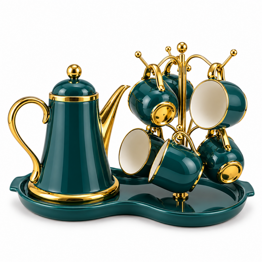 Luxury Deep Teal & Gold 7-Piece Tea Set with Teapot, 6 Hanging Cups, Gold Display Stand & Serving Tray