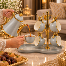 Luxury Gray & Gold 7-Piece Tea Set with Teapot, 6 Hanging Cups, Gold Stand & Serving Tray
