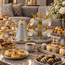Luxury Gray & Gold 7-Piece Tea Set with Teapot, 6 Hanging Cups, Gold Stand & Serving Tray