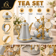 Luxury Gray & Gold 7-Piece Tea Set with Teapot, 6 Hanging Cups, Gold Stand & Serving Tray