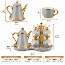 Luxury Gray & Gold 7-Piece Tea Set with Teapot, 6 Hanging Cups, Gold Stand & Serving Tray